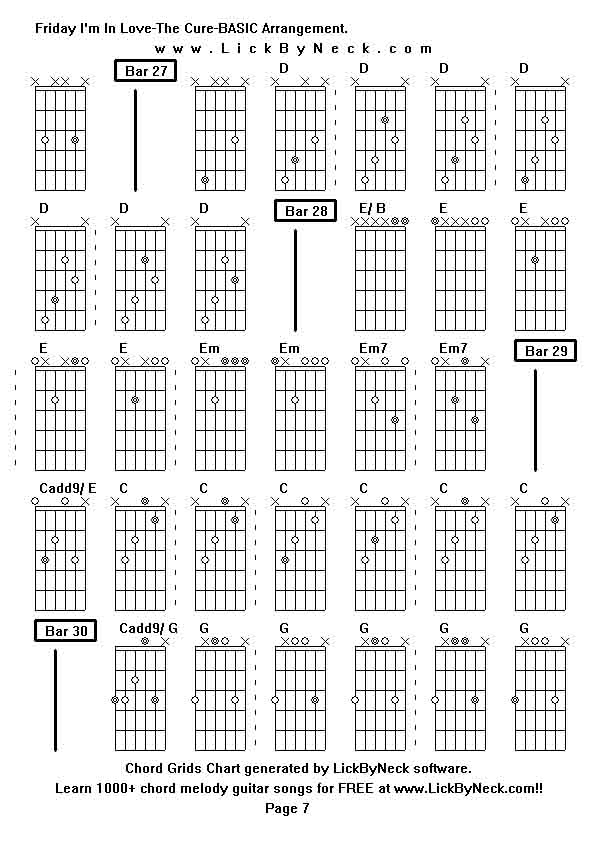 Chord Grids Chart of chord melody fingerstyle guitar song-Friday I'm In Love-The Cure-BASIC Arrangement,generated by LickByNeck software.